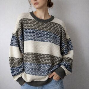 VTG 90s Brown Blue Stripe Textured Grandpa Knit Sweater Large Coastal Grandpa